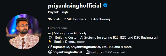 Instagram profile @priyanksinghofficial with 274K followers